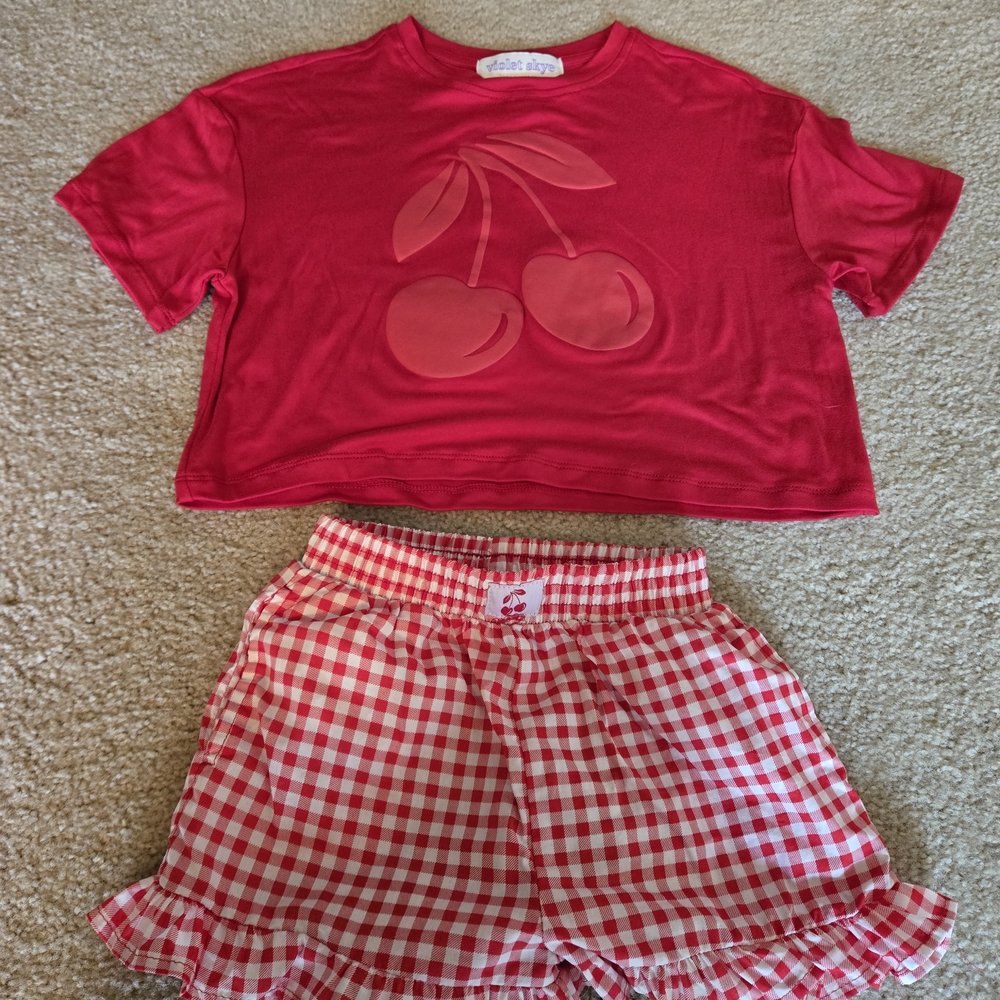 Violet Kay Red Cherry Top and Gingham Shorts Set